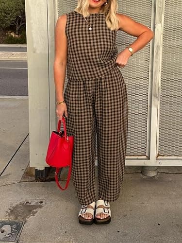 Melliflo Gingham Sets Women 2 Piece Outfits Sleeveless Plaid Loungewear Checkered Crop Tanks and Pant Sets with Pockets thumbnail 2