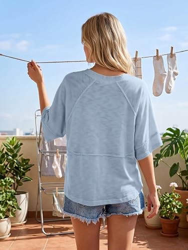 Aisongyuan Women's Summer T-Shirts Crewneck Batwing 3/4 Sleeve Loose Tops | Cotton‑polyester blend,Cute Basic Flowy Boho tee for summer beach & daily wear thumbnail 2