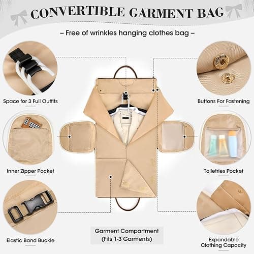RAINSMORE Garment Bags for Travel Women Leather Convertible Garment Duffle Bag With Shoe Pouch,Large Carry On Garment Bag Dress Suit Business Travel Bags Beige thumbnail 4