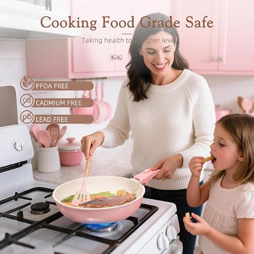 Astercook 21 Pcs Pots and Pans Non Stick Ceramic Cookware Set, Detachable Handles, RV Kitchen Cooking Set, Oven Safe, Induction Ready, Stackable, Pink thumbnail 7
