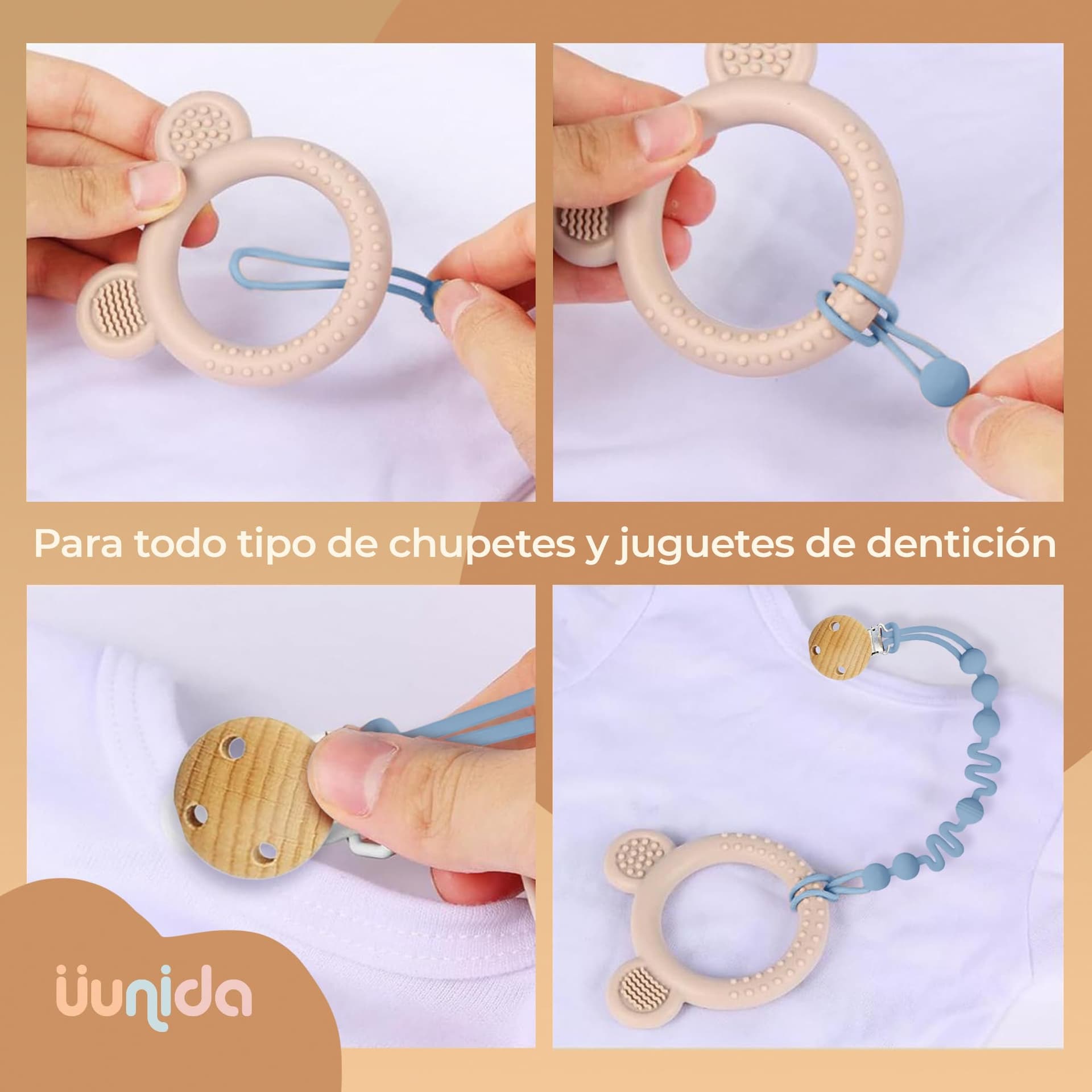 uunida baby Porta Chupon de Silicona suave Libre de BPA - Porta Chupones para Bebe - Clip para Chupon - Correa para Chupon de Bebe - Sujeta Chupón (Gris + Azul Cielo) thumbnail 7