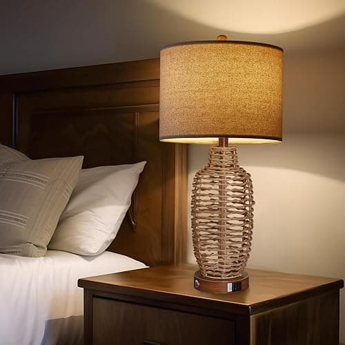 YIMNOVP Rattan Table Lamps Set of 2 Wicker Lamps 3 Way Dimmable Touch Control Farmhouse Rustic Coastal Lamps with USB Port for Bedroom Living Room Office (LED Bulbs Included) thumbnail 7