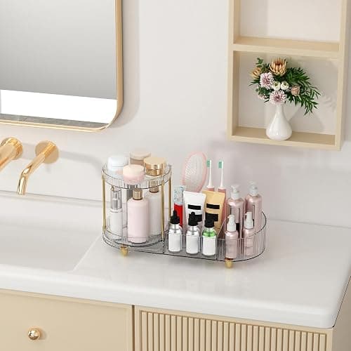 Makeup Organizer Countertop for Vanity, Rotating Perfume Tray with 5-compartment Cosmetic and Skincare Organizers, Multi-Purpose Desk Storage Makeup Brush Holder for Bathroom Bedroom Counter thumbnail 5