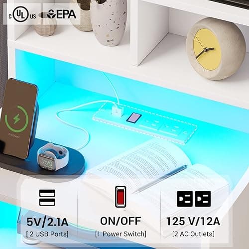 BTHFST Tall Nightstand with Charging Station and LED Lights, White LED Nightstand with Bookshelf, Bedside Table with Shelves and 2 Drawers, Tall End Side Table with USB Ports and Outlets, White thumbnail 3
