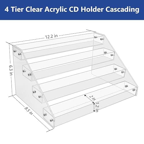 4Tier Clear Acrylic CD Holder - Cascading CD & DVD Storage Rack with Vinyl Record Stand - Holds up to 32 Cases (Large, Clear) thumbnail 2