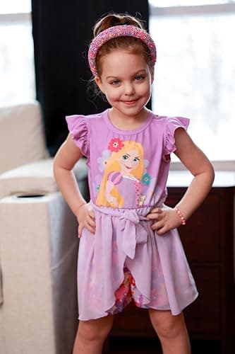 Disney Princess Frozen Elsa Minnie Mouse Stitch Toddler Girl Romper With Skirt Overlay Summer Jumpsuit with Bow 2-6 Years thumbnail 3