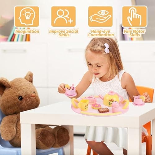 Tea Party Set Wooden Tea Sets for Toddlers 3-5 Play Food Pretend Play Toys Kids Tea Set for Girls 6-8 Birthday Gift Wooden Tea Party Set for Little Girls 3 4 5 6 Years Old Outdoor Tea Time Game thumbnail 5