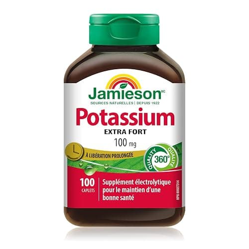 Jamieson Extra Strength Potassium 100 mg Timed Release, Supports Muscle and Nerve Function, Electrolyte Support, and Helps Prevent Potassium Deficiency. Vegetarian, Gluten-Free, 100 Caplets, Proudly Canadian thumbnail 4