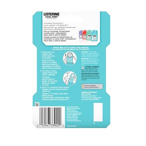 Listerine Cool Mint Pocketmist, Oral Care Mist for Fresh Breath, Non-Aerosol Sugar-Free Bad Breath Refresher Spray to Kill 99% of Bad Breath Germs, Portable, Cool Mint Flavor, 1 Pack of 2 Sprays thumbnail 8