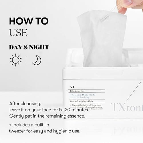 VT COSMETICS TX Toning Daily Mask 30 Sheets, Tranexamic Acid, Niacinamide, Glutathione for Acne Scars, Dark Spots, Sun Spots, Hydrating & Glowing Facial Mask, Fragrance-Free, Korean Face Mask thumbnail 6