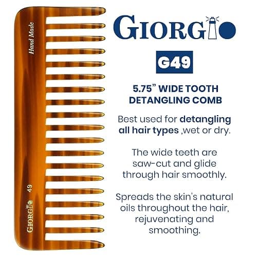 Giorgio G49 Large 5.75 Inch Detangling Comb, Wide Teeth for Thick Curly Wavy Hair. Long Hair Detangler Comb For Wet and Dry. Handmade of Quality Cellulose, Saw-Cut, Hand Polished, Tortoise Shell thumbnail 2
