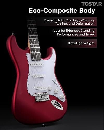Tostar Electric Guitar Kit for Beginners with 39" Lightweight Body, Red | Rounded Matte Body, Rich Sound, SSH Pickups, 5 Way Switch, 1:18 Tuners, Vintage Tremolo Bridge, Complete Accessories Kit thumbnail 8