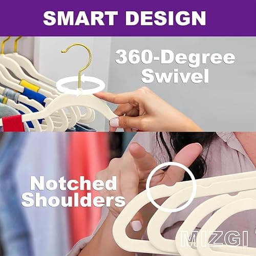 MIZGI Premium Velvet Hangers Pack 100 Pcs Heavyduty - Non Slip Slimline - Velvet Suit Hangers Ivory - Gold Hooks,Space Saving Clothes Hangers … thumbnail 4