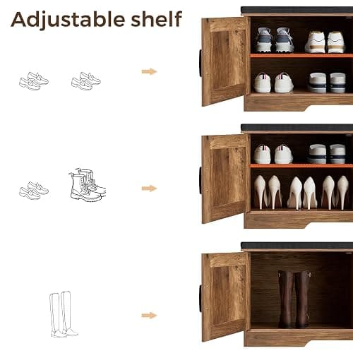 HOMSHO 2-Tier Storage Bench, 47.2" Wide Shoe Bench with Padded Seat Cushion, Entryway Bench with 4 Barn Doors and Adjustable Shelf, Rustic Walnut thumbnail 5
