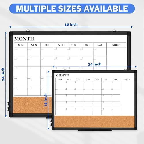 Monthly Calendar Whiteboard Dry Erase Cork Board Combo, 24" x 18" Magnetic Double-Sided Calendar White Board and Bulletin Board with Black Aluminium Frame, Portable Whiteboard for Office, Home, School thumbnail 9
