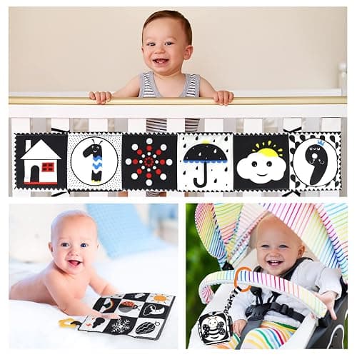 KUANGO 3 Pcs Black and White High Contrast Baby Toys for Newborn, Montessori Sensory Soft Book for Early Education, Infant Tummy Time Toys 0-9 Months Baby Gifts thumbnail 7