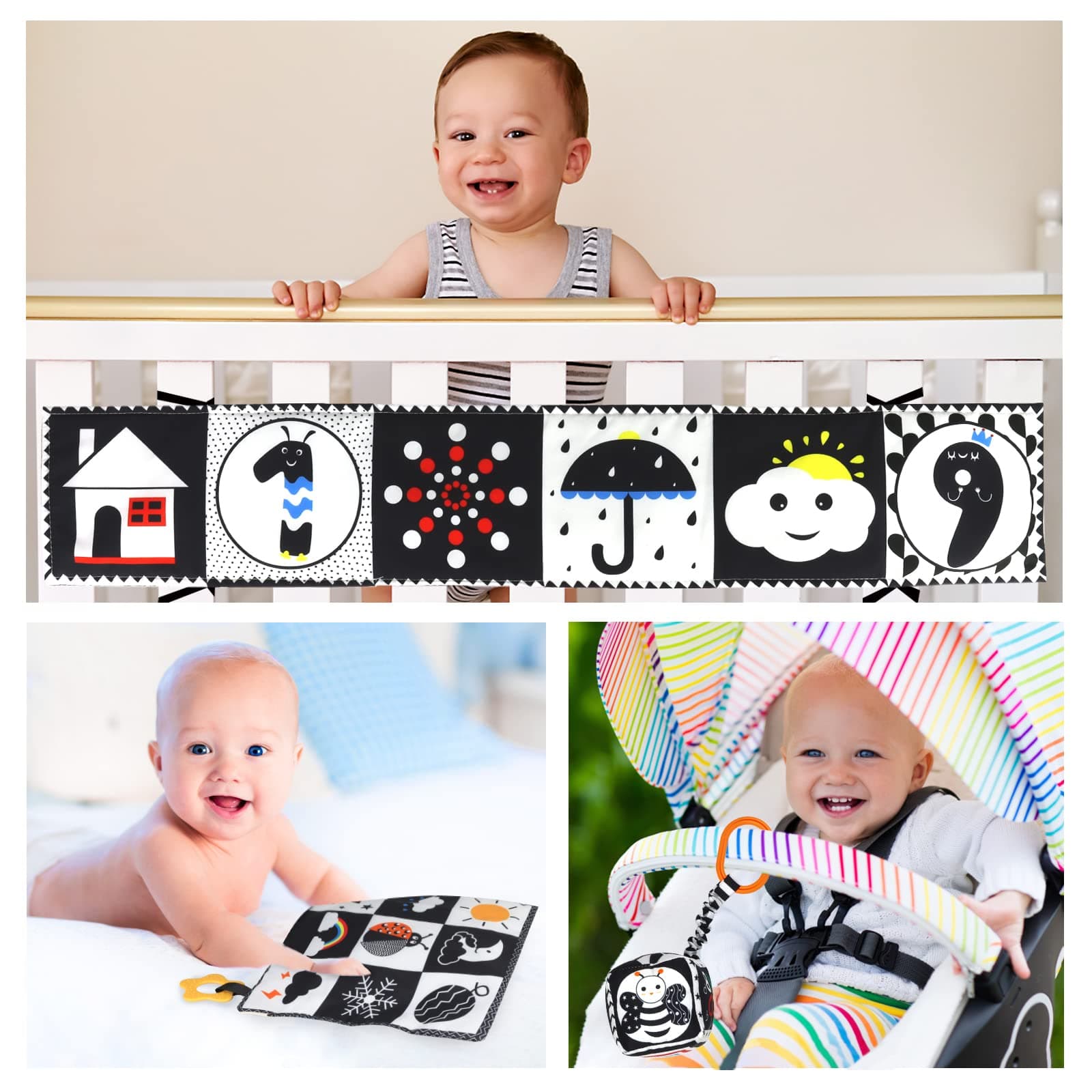 3 Pcs Black and White High Contrast Baby Toys 0-3 Months for Newborn, Montessori Toys for Babies Sensory Soft Book for Early Education, Infant Tummy Time Toys 0 6 9 Months Baby Gifts thumbnail 6