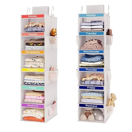 Fixwal 2 Pack 6-Shelf Weekly Hanging Closet Organizer for Kids, Kids Daily Clothes Organizers with 6 Side Pockets, Days of The Week Hanging Storage Shelves (White) - White - Image 1