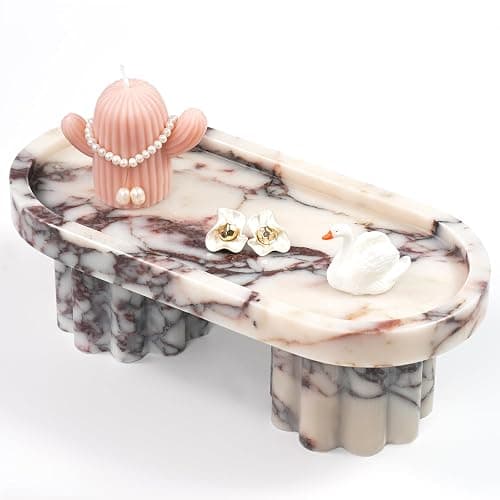 LWALMS Marble Perfume Tray with Legs - Oval Decorative Stone Pedestal for Bathroom Vanity Coffee Table Kitchen Countertop, Footed Jewelry Candle Organizers Catchall Plate Riser with Scalloped Feet thumbnail 7