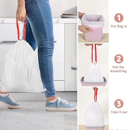 2 Gallon Small Trash-Bags Drawstring Bathroom - White Mini Garbage Bags 60 Count Plastic Unscented 7.5L Tiny Waste Basket Liners Kitchen Office Car Strong Thick Bulk Magesh thumbnail 6
