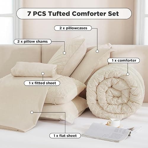 Andency Queen Comforter Set with Sheets, Beige | 7 Pieces, Bed in a Bag, Boho Lightweight Fluffy Tufted, Includes Cream Comforter, Sheets, Pillowcases & Shams, All Season thumbnail 6