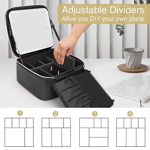 Relavel Travel Makeup Bag With LED Mirror, Cosmetic Train Case with Light up Mirror, Portable Makeup Artist Organizer Bag with Adjustable Dividers, Makeup Brush Holder Storage, Black thumbnail 7