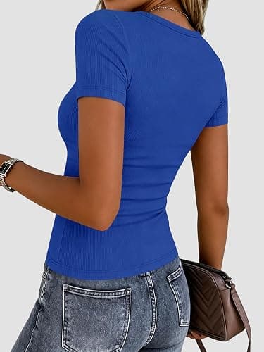 Zeagoo Women's Ribbed Short Sleeve Tops Crewneck Stretch Basic Tshirt S-2XL | Stretchy Ribbed Tops Ideal for Business Casual,Work,Daily Wear,Going Out, Perfect for Summer and Fall Outfits thumbnail 6