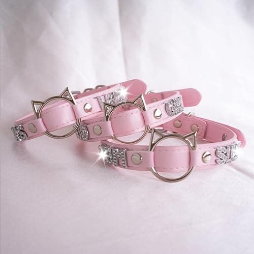 ADEMISHIA Black O-ring Choker Collar For Women, Pink Vegan Leather Choker Necklace Jewelry with Cat-shaped Ring and Rhinestone Letters - Pink - DADDYS thumbnail 7