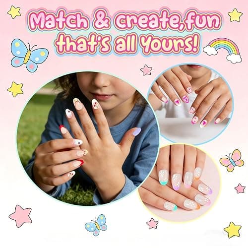 Jsiallve 96Pcs Short Oval Press on Nails for Girls, 3Style Press On Nails for Kids,Short Kid Fake Nail Kit For Kid，Pink French Tip Nail For Kids,False Nails with Nail File Buffer For8-12years,16sizes thumbnail 2