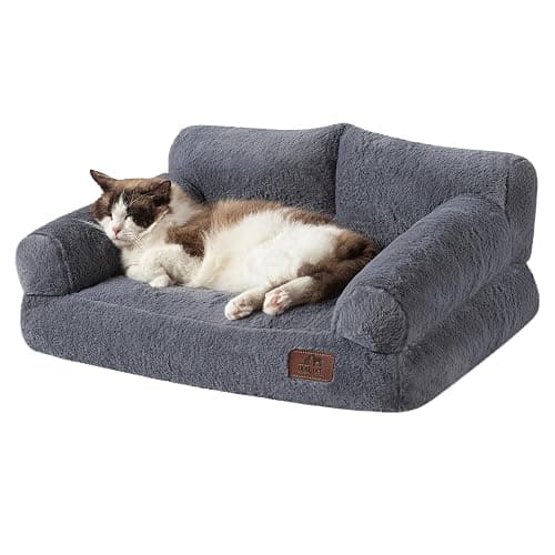 Hollypet Fluffy Plush Dog Cat Pet Couch Soft Calming Sofa Bed for Medium Small Cats and Dogs, Gray - Image 1