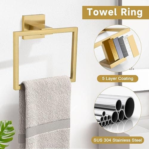 Brushed Gold 5 Pieces Bathroom Hardware Accessories Set Towel Bar Set Towel Holder Racks Set for Bathroom,SUS304 Stainless Steel,Wall Mounted 23.6-Inch thumbnail 5