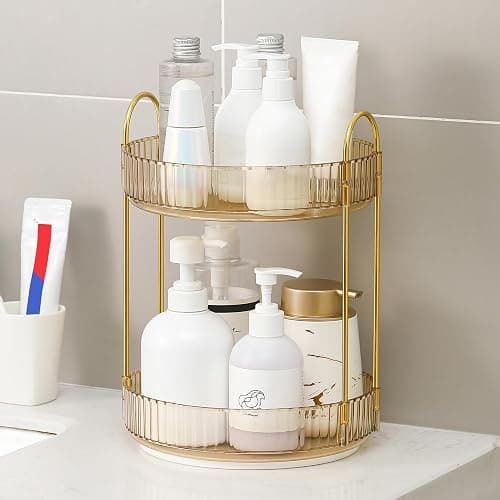 YCIA&DONE 360 Rotating Makeup Organizer and Storage for Vanity Countertop 2 Tiers, High Capacity Cosmetic Skincare Perfume Organizers for Dresser Bathroom Lazy Susan (Amber Gold) thumbnail 9