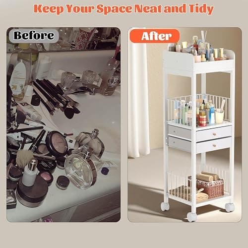 Rolling Makeup Cart Organizer, Floor Skincare Make Up Storage, Vanity Organizer with 2 Non-woven Fabric Drawers, Cosmetic Display Holder for Skin Care, Perfume, Nail Polish, Makeup Brush, Hair Tool thumbnail 6
