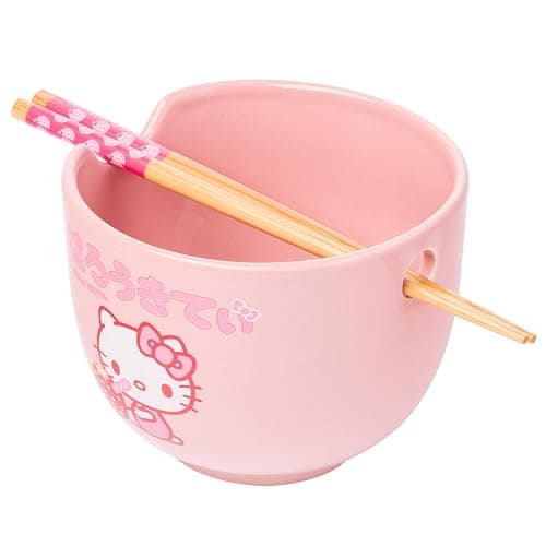 Silver Buffalo Sanrio Hello Kitty Strawberry Milk Japanese Character Ceramic Ramen Noodle Rice Bowl with Chopsticks, Microwave Safe, Pink, 20 Ounces - Image 1