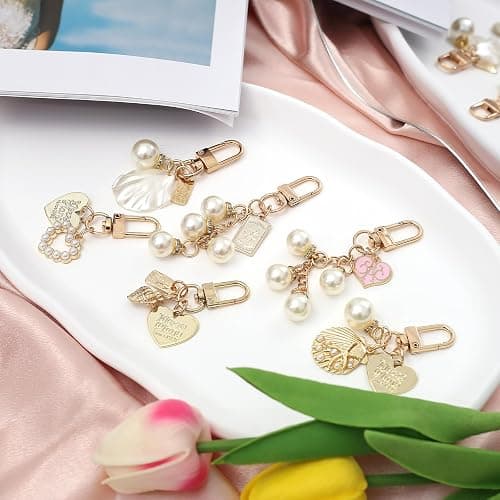 chihimoer 6Pcs Gold Ocean Shell Conch Heart Keychains Accessories for Women,Cute Car Keychain Charm with Pearl Tassel for Wallet and Purse and Bag thumbnail 4