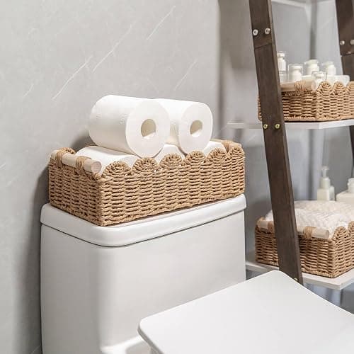 CubesLand Paper Rope Scalloped Edge Decor Baskets for Home, Living Room, Bedroom, Toilet Basket for Over Toilet Storage Shelf, End Table, Shelves and More, Both Storage&Decor, Set 2 Neutral thumbnail 2