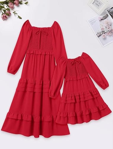 AWIBMK Mother Daughter Matching Boho Dress Long Sleeve Tiered Smocked Dress Holiday Wedding Mom and Me Fall Dress thumbnail 3
