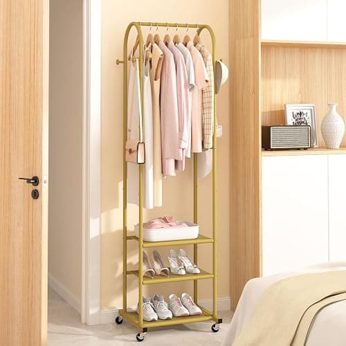 Kaitiemoo Heavy Duty Clothing Rack with Wheels,Modern Garment Rack with 3 Metal Shelves, 71.8Inches Display Rack for Hanging Clothes, Hanging Rod for Small Space,Gold thumbnail 6