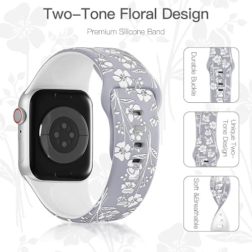 Floral Engraved Silicone Bands Compatible with Apple Watch Band 38mm 40mm 41mm 42mm 44mm 45mm 49mm for Women, Two-Tone Flower Sport Soft Strap for iWatch Series 9/Ultra/8/7/SE/6/5/4/3/2/1 thumbnail 2