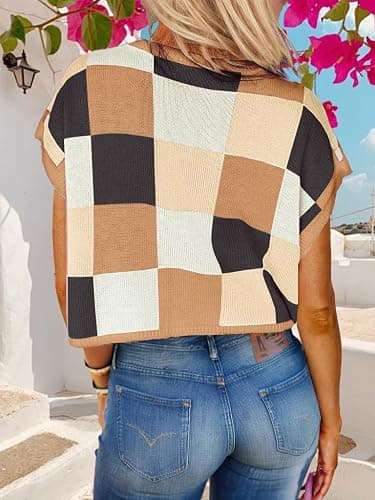 Womens Cute Summer Tops 2026 Short Cap Sleeve Sweater Color Block Trendy Crop Top Knit Vest Checkered Work Shirts Outfits thumbnail 5