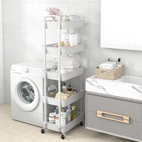 Sywhitta 5-Tier Plastic Rolling Utility Cart with Handle, Multi-Functional Storage Trolley for Office, Living Room, Kitchen, Movable Storage Organizer with Wheels, White thumbnail 6