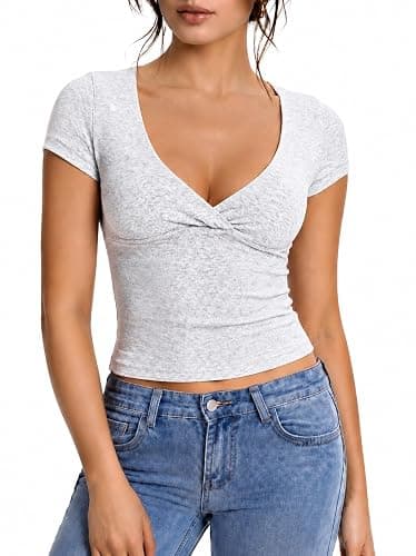 Abonlen Womens Ribbed Crossover V Neck T Shirts Short Sleeve Fitted Crop Tops Y2k Tees Going Out Tops - Image 1