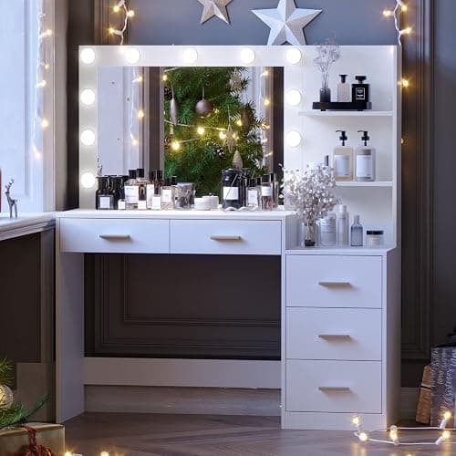 Rovaurx 46.7" Makeup Vanity Table with Lighted Mirror, Large Vanity Desk with Storage Shelf & 5 Drawers, Bedroom Dressing Table, 11 LED Lights, White - White thumbnail 3