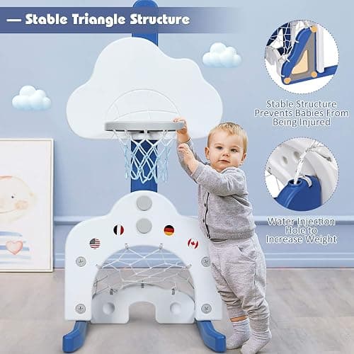 Costzon Kids Basketball Hoop, Toddler Sports Activity Center w/ 5 Adjustable Height Levels, Basketball Soccer Golf Game Set, Indoor Outdoor Basketball Hoop Set Best Gift for Baby Infant White Clouds - White Clouds - 22” x 20'' x 58.5''(L X W X H) thumbnail 6