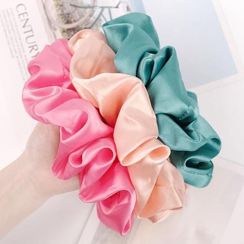 CEELGON Big Real Silk Scrunchies for Hair Satin Oversized for Sleep Large Scrunchie for Curly Hair Silk Thick Elastic Hair Ties Jumbo Hair Scrunchies 6 Pack (black, champagne, pink,khaki, blue, shell pink) thumbnail 5