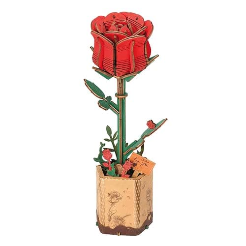 ROBOTIME 3D Puzzle Wooden Flower Red Rose DIY Model Kit to Build for Adults Artifical Bouquet Collection Craft Brain Teaser Puzzle Creative Gift Home Decor - Red Rose - Image 1