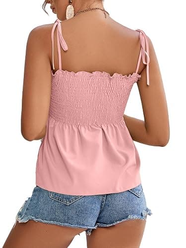 LYANER Women's Cute Summer Tops Tie Shoulder Shirred Ruffle Hem Sleeveless Sexy Cami Blouse Peplum Top thumbnail 2