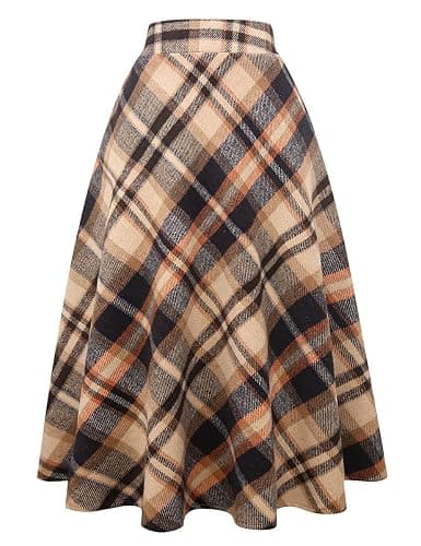 IDEALSANXUN Womens Plaid Wool Skirts Elastic Waist A-Line Pleated Tartan Long Skirts - Image 1