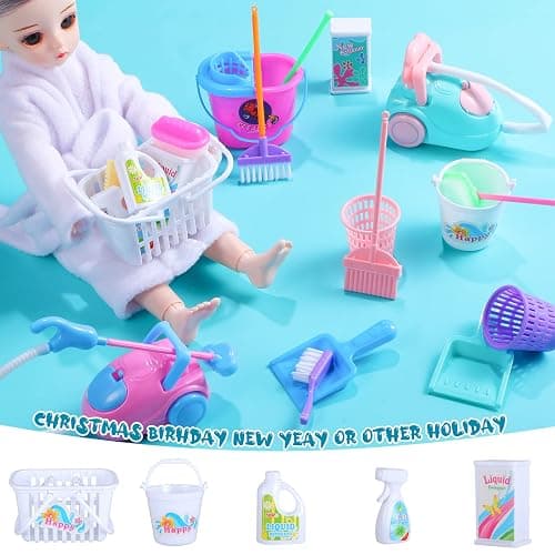 22 Pieces Miniature Bucket Doll Housework Cleaning Supplies Mini Dollhouse Accessories Mop Dustpan, Brush, Broom, Bucket Dollhouse Furniture Decoration Accessories for Dolls Pretend Play, Random Color thumbnail 5