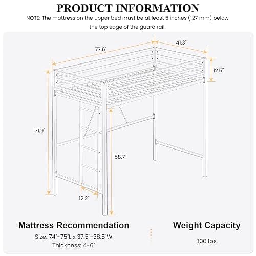 SHA CERLIN Loft Bed Twin Size with Ladder and Guardrail,White | Heavy Duty Metal Slats Support,No Box Spring Needed,Small Space Saving Furniture for Bedroom Dorm thumbnail 2